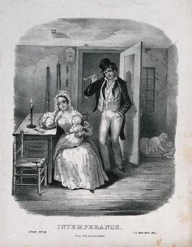 The evil effects of intemperance on a man and his family. Lithograph by Alv.. Stock Illustration