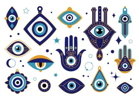 Evil eye amulets. Esoteric turkish or greek blue eyes talisman. Magic protection Stock Illustration