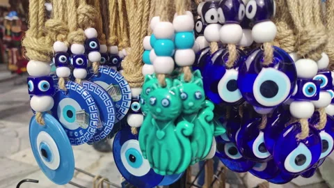 Evil Eye and Gift Magnet Stand in Touristic Area Stock Footage 303813053