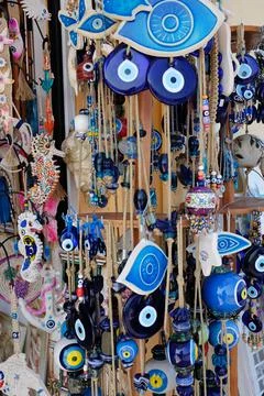 Evil eye blue and white souvenirs on sale to tourists, Corfu, Greece Stock Photos