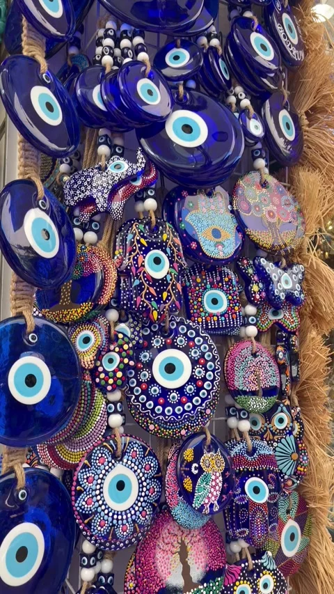 Evil eye decorations in blue colour Stock Footage 336910584