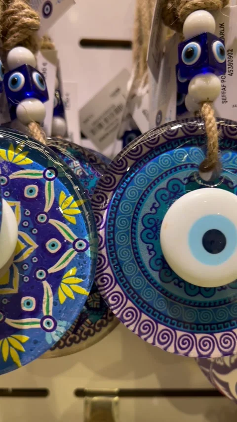 Evil eye decorations in blue colour Stock Footage 336953611