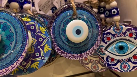 Evil eye decorations in blue colour Stock Footage 336953653