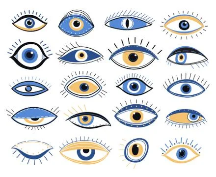 Evil eye. Graphic eyes elements, traditional energy talismans. Magic looking Stock Illustration