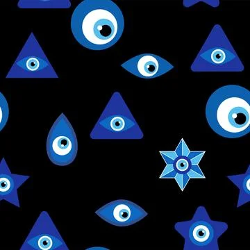 Evil eye Heavenly seamless pattern with suns, moons, stars, palms. For text.. Stock Illustration