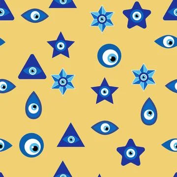 Evil eye Heavenly seamless pattern with suns, moons, stars, palms. For text.. Ilustración de archivo