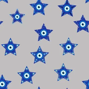 Evil eye Heavenly seamless pattern with suns, moons, stars, palms. For text.. Stock Illustration
