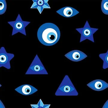 Evil eye Heavenly seamless pattern with suns, moons, stars, palms. For text.. Stock Illustration