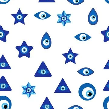 Evil eye Heavenly seamless pattern with suns, moons, stars, palms. For text.. Stock Illustration