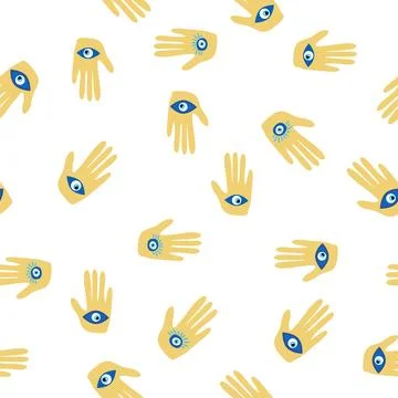 Evil eye Heavenly seamless pattern with suns, moons, stars, palms. For text.. Illustrazione stock
