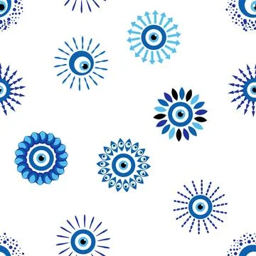 Evil eye Heavenly seamless pattern with suns, moons, stars, palms. For text.. Stock Illustration
