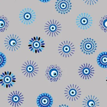 Evil eye Heavenly seamless pattern with suns, moons, stars, palms. For text.. Stock Illustration