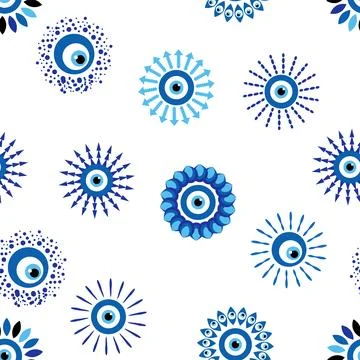 Evil eye Heavenly seamless pattern with suns, moons, stars, palms. For text.. Stock Illustration