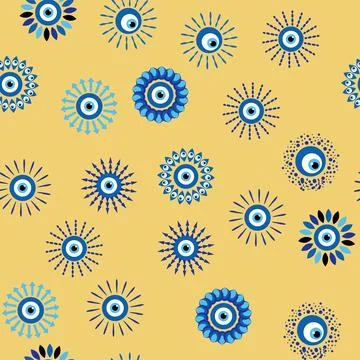 Evil eye Heavenly seamless pattern with suns, moons, stars, palms. For textil Ilustración de archivo