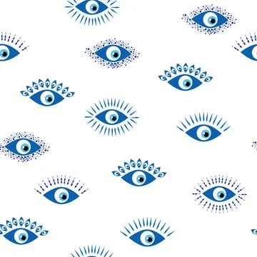 Evil eye Heavenly seamless pattern with suns, moons, stars, palms. For text.. Stock-Illustration