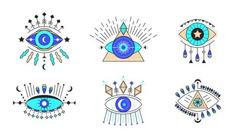 Evil eye icon vector set. Colorful Eye of providence and esoteric symbols. Ma Stock Illustration