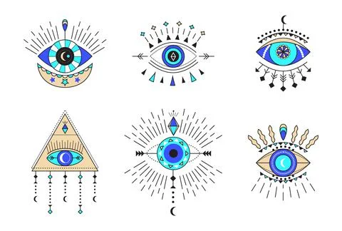 Evil eye icon vector set. Colorful Eye of providence and esoteric symbols. Ma Stock-Illustration
