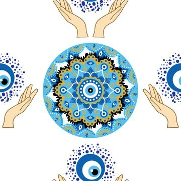 Evil eye seamless pattern. Magic, witchcraft, occult symbol, line art collect Illustrazione stock