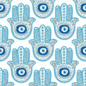 Evil eye seamless pattern. Magic, witchcraft, occult symbol, line art collect Illustrazione stock