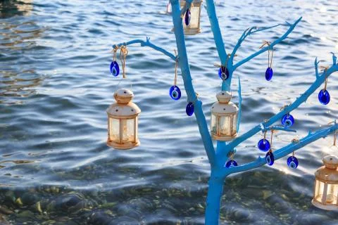 Evil eye tree inside the sea in sogut, marmaris, Turkey Stock Photos