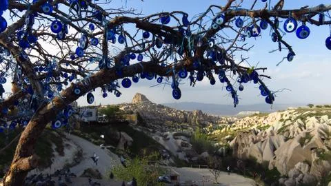 Evil Eye Tree Overlooking Uchisar Castle, Cappadocia Stock Photos