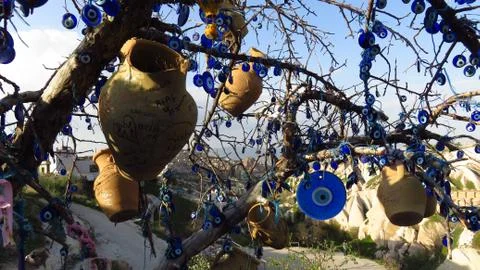 Evil Eye Tree Overlooking Uchisar, Cappadocia Stock Photos