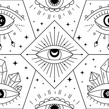 Evil eyes geometric seamless pattern. Line art talismans, protection. Flat de Stock Illustration