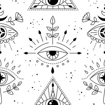 Evil eyes geometric seamless pattern. Line art talismans, protection. Flat de Stock Illustration