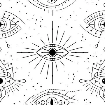 Evil eyes geometric seamless pattern. Line art talismans, protection. Flat de Stock Illustration