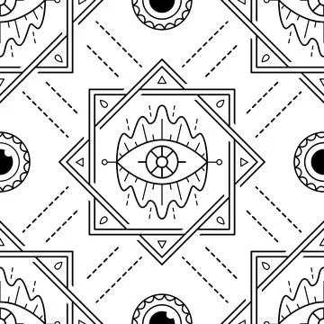 Evil eyes geometric seamless pattern. Line art talismans, protection. Flat de Stock Illustration