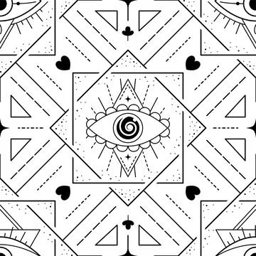 Evil eyes geometric seamless pattern. Line art talismans, protection. Flat de Stock Illustration