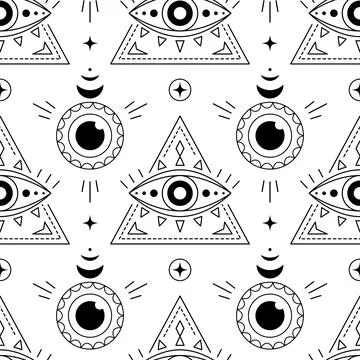 Evil eyes geometric seamless pattern. Line art talismans, protection. Flat de Stock Illustration