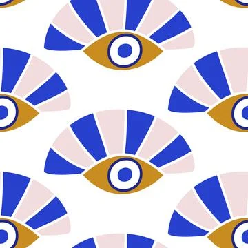 Evil eyes seamless pattern in blue, white, golden colors Illustrazione stock