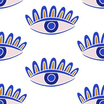 Evil eyes seamless pattern in blue, white, golden colors Illustrazione stock