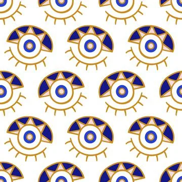 Evil eyes seamless pattern in blue, white, golden colors Illustrazione stock