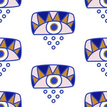 Evil eyes seamless pattern in blue, white, golden colors Illustrazione stock