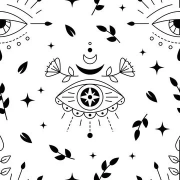 Evil eyes seamless pattern. Line art various talismans and floral elements, p イラスト素材