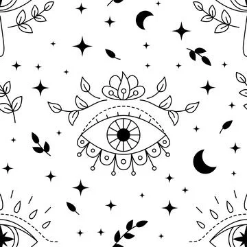 Evil eyes seamless pattern. Line art various talismans and floral elements, p Stock Illustration