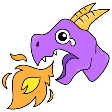 Evil faced dragon head spouting hot fire, doodle icon drawing Stock Illustration