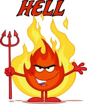 Evil Fire Character Holding Up A Pitchfork In Front Of Flames With Text Hell Illustrazione stock