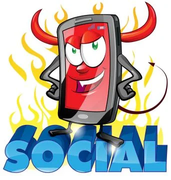 Evil fun mobile cartoon on flame Stock Illustration