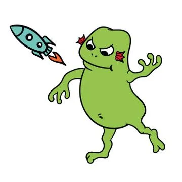 Evil green alien launches a rocket, isolated vector image, on a white backgro Illustrazione stock