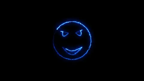 Evil Grinning Face Electric Blue Neon Outline Animation Black Background Si.. Stock Footage 338371826