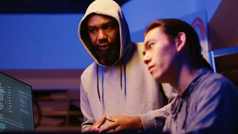 Evil hackers discuss breaching security Stock Photos