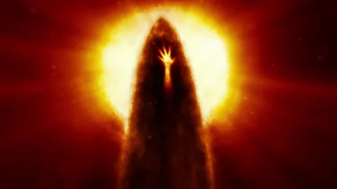 Evil hooded whitch pulled out hand in front of her. Scary hellish monk Stock Footage 238000996