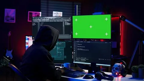 Evil IT engineer using chroma key PC displays to build script tricking firewalls Stock Photos