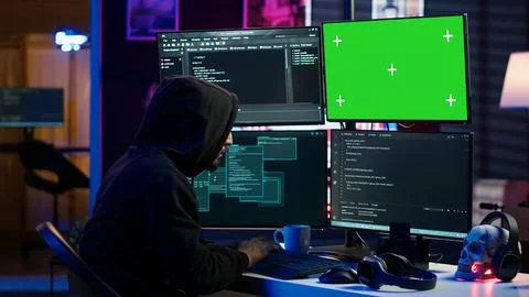 Evil IT engineer using chroma key PC displays to build script tricking firewalls Stock Photos