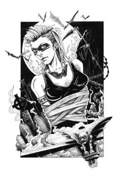 Evil Looking Masked and Tightly Bound Woman in Cemetary Stock Illustration