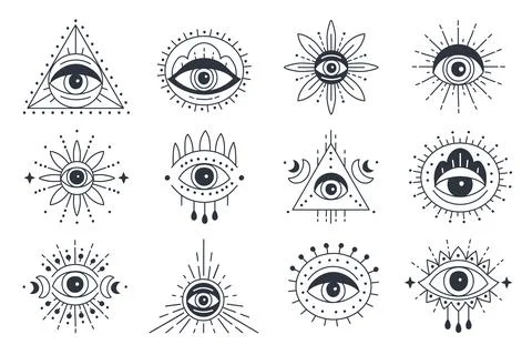 Evil magical doodle eye set in a trending minimal linear style Stock Illustration