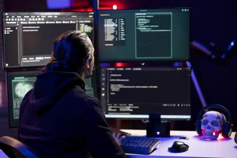 Evil man in apartment using viruses on computer to break into systems Foto stock